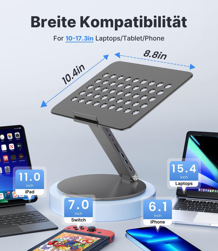 KU XIU Verstellbar Laptop Ständer mit 8-in-1 Dockingstation, Aluminium Laptop Halterung mit USB HUB