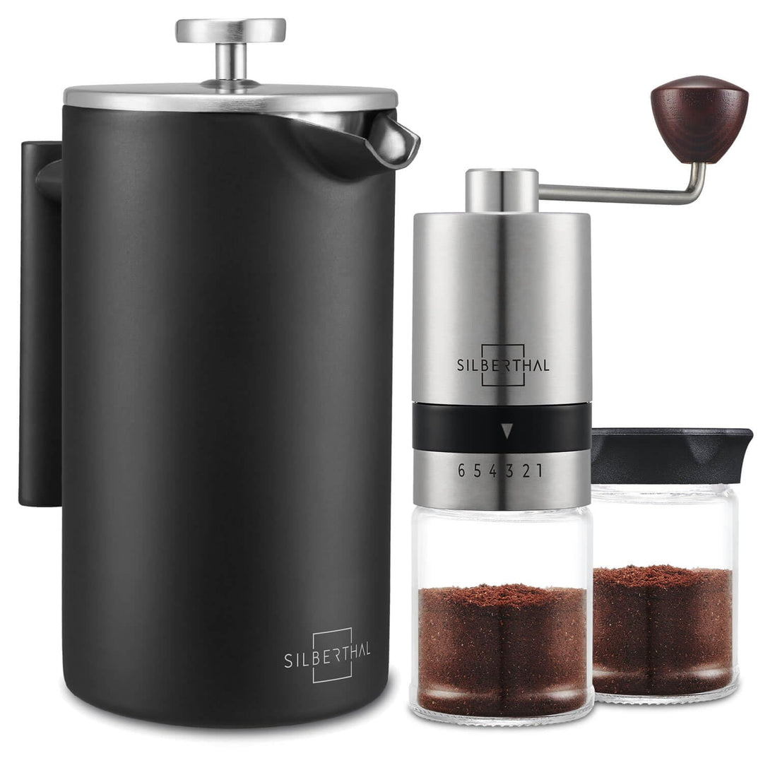 SILBERTHAL Kaffee Handmühle manuell mit konischem Edelstahlmahlwerk & French Press 1 Liter aus Stahl