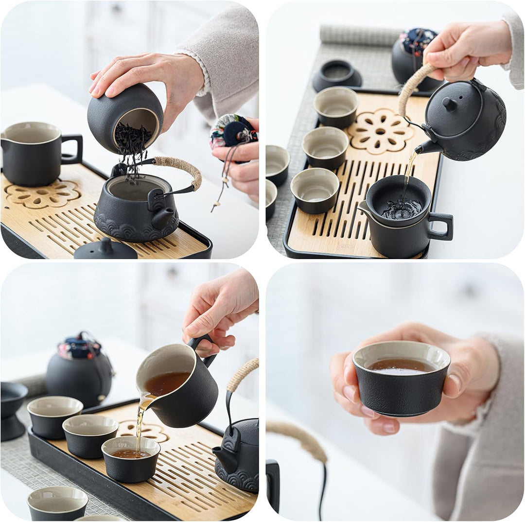 Tee-Set 14-teilig, Keramik schwarz, mit Kanne, 6 Tassen und Tablett | Japanisches Kung-Fu-Design. Tr