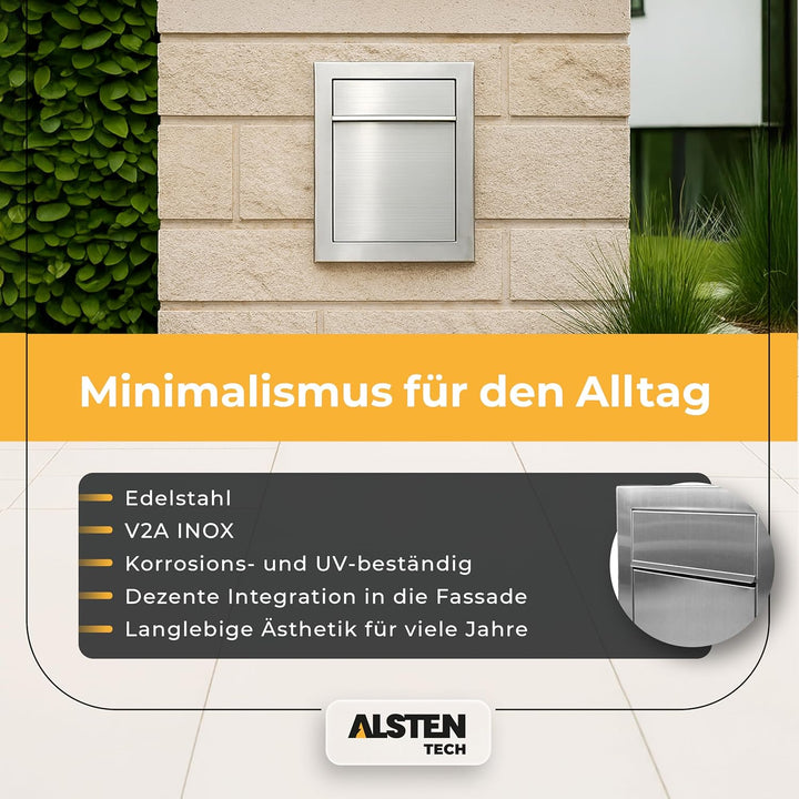 Unterputz Briefkasten Edelstahl INOX Einbaubriefkasten flächenbündig wetterfest Wandmontage mit Schl
