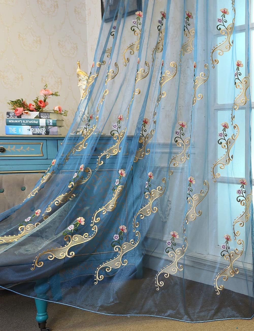 Lactraum Vorhänge Wohnzimmer Transparent Blau mit Ösen Bestickt Wasserfee Blumen Voile 300 x 245cm 3