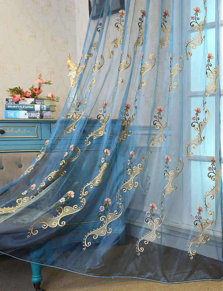 Lactraum Vorhänge Wohnzimmer Transparent Blau mit Ösen Bestickt Wasserfee Blumen Voile 300 x 245cm 3