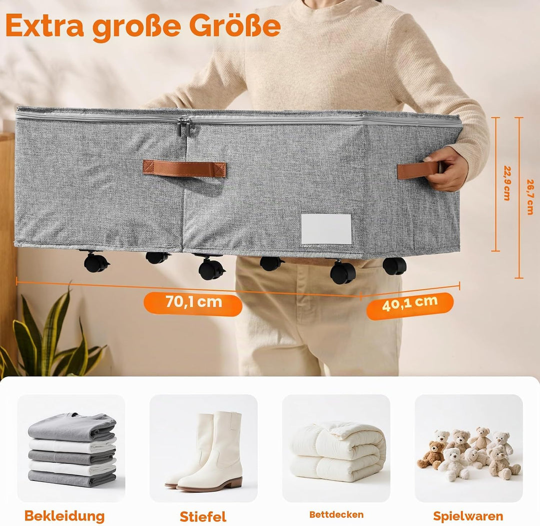 2er-Set Grosse Unterbett-Aufbewahrung mit Rädern, 60 Liter Volumen - 26,5 cm Höhe (10,5 Zoll) - Grau