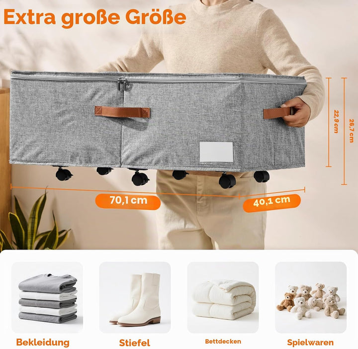 2er-Set Grosse Unterbett-Aufbewahrung mit Rädern, 60 Liter Volumen - 26,5 cm Höhe (10,5 Zoll) - Grau