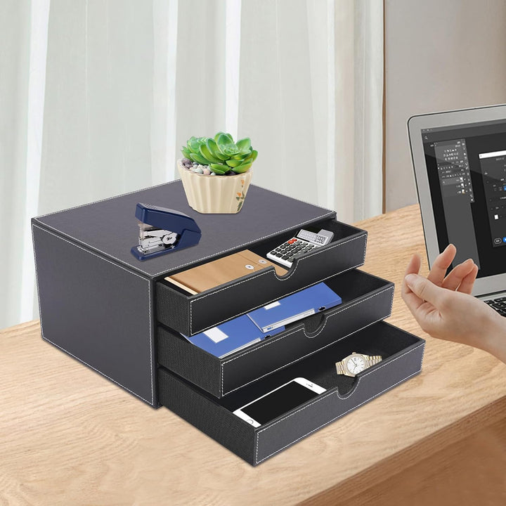 Schreibtisch Schubladenbox 3 Ebenen PU-Leder Desktop Organizer mit A4-Fächern Büroablage 33cm Dokume