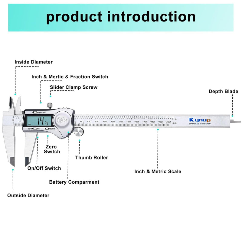 Kynup Digitale Messschieber, Schieblehre Messwerkzeuge 200mm Edelstahl IP54 Spritzwasserdicht Staubd