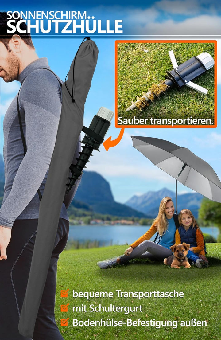 4smile Sonnenschirm Strand Ø 180 cm, 3-in-1 SET mit Bodenhülse, Anthrazit | UPF 50+ Strandschirm + S