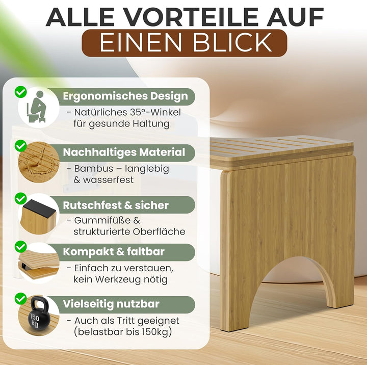 Klappbarer Toilettenhocker aus Bambus - Rutschfester WC Hocker für Erwachsene - Ergonomischer Klohoc