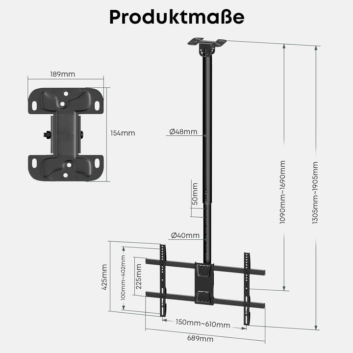 TV Deckenhalterung für 43-86 Zoll bis 60kg, 360° schwenkbar und -25° neigbar, mit ±3° Nivellierung,