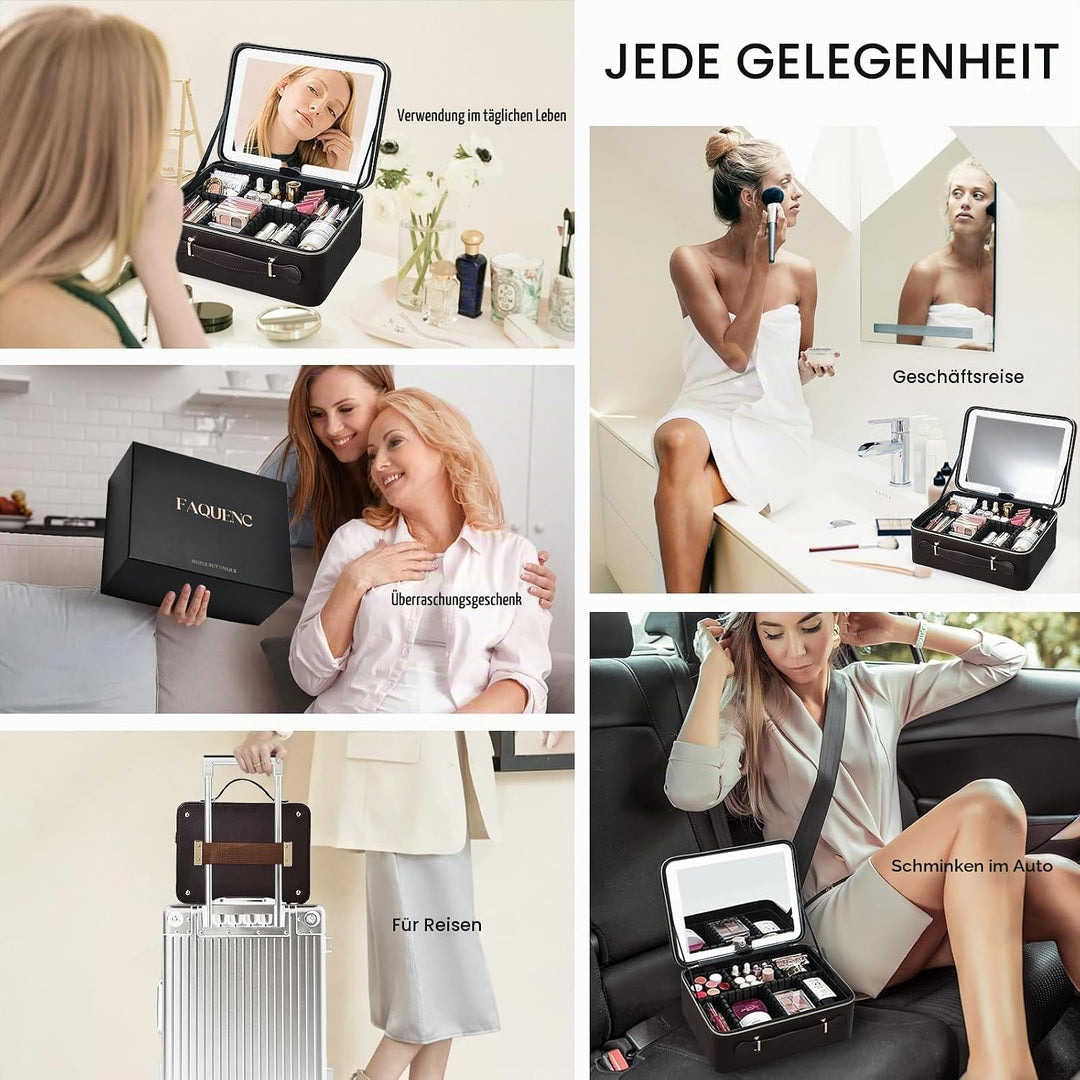 Leder-Kosmetiktasche mit LED-beleuchtetem Spiegel Reise-Kosmetikkoffer Einstellbare Helligkeit in 3