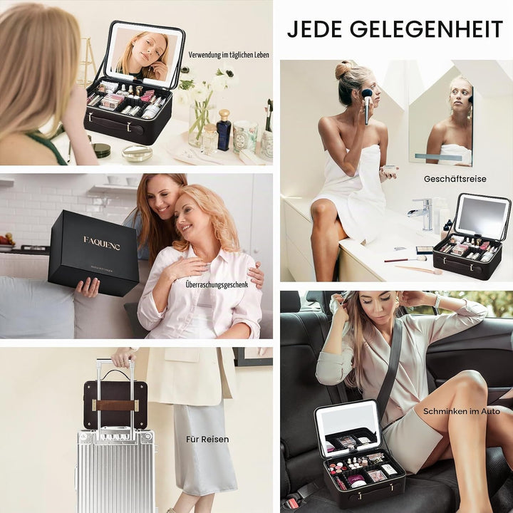 Leder-Kosmetiktasche mit LED-beleuchtetem Spiegel Reise-Kosmetikkoffer Einstellbare Helligkeit in 3