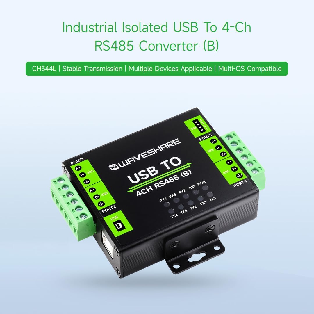 Waveshare Industrial Isolated USB to 4-Ch RS485 Converter (B), CH344L Chip, Multi Protection Circuit