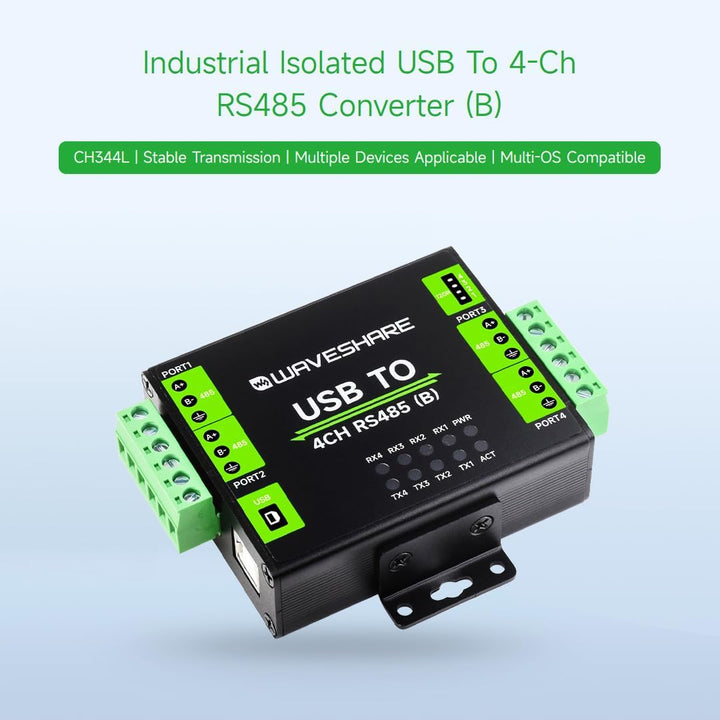 Waveshare Industrial Isolated USB to 4-Ch RS485 Converter (B), CH344L Chip, Multi Protection Circuit