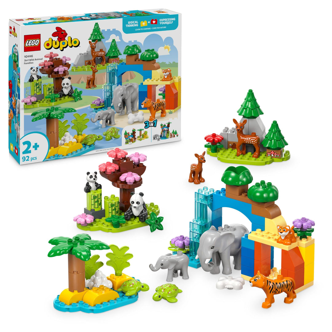 LEGO DUPLO Town Wildtier-Familien 3-in-1-Set, Lernspielzeug für Kleinkinder mit Schildkröten, Tigern