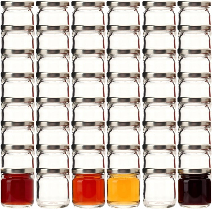 gouveo 48er Set Einmachgläser 40 ml Mini mit Schraub-Deckel silberfarben - Mini Vorratsgläser mit Dr