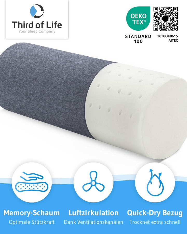 Nackenrolle UniROLL 15x40 cm mit schnelltrocknendem Thermo-Bezug | Knie-Rolle aus hochwertigem Memor