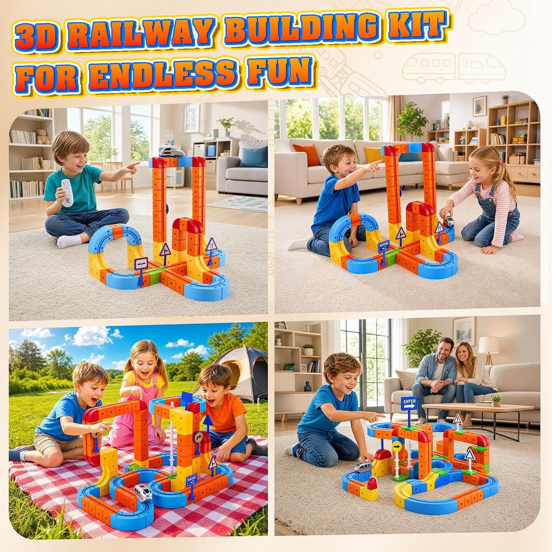 Cube Track Set 149pcs, Elektrisches Eisenbahnset mit Fernbedienung, 2 Züge (1x ferngesteuert), Flexi