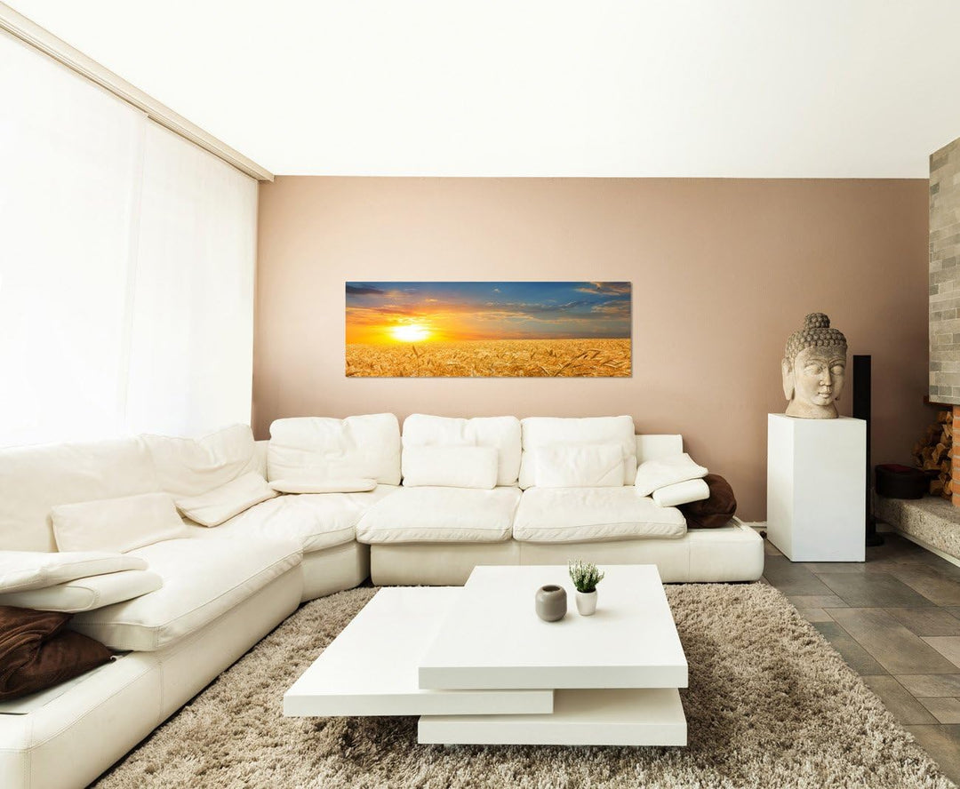 Paul Sinus Art Panoramabild auf Leinwand und Keilrahmen 120x40cm Kornfeld Herbst Sonnenuntergang