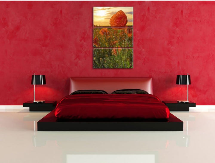Pixxprint Mohnfeld Kunst Buntstift Effekt 3-Teiler Leinwandbild 120x80 Bild auf Leinwand