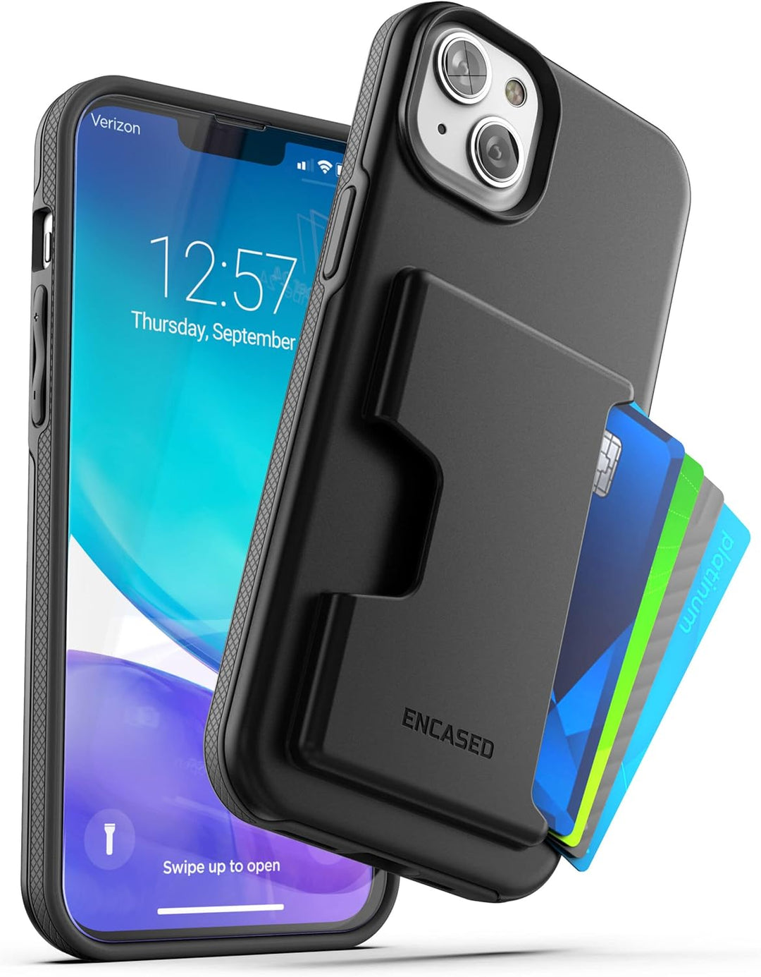 ENCASED Stossfeste Schutzhülle für iPhone 14, mit Kartenhalter und Displayschutzfolie (4 Kreditkarte