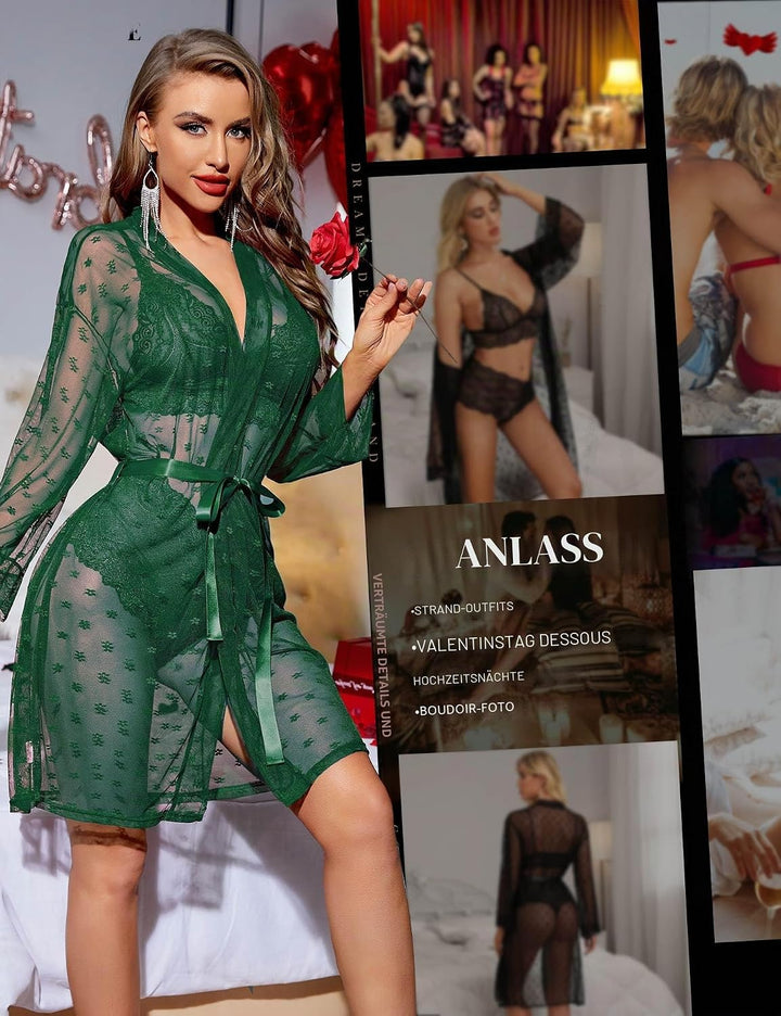 RSLOVE Sexy Dessous Set für Damen 3 teilig Spitzen Kimono mit BH und Höschen S Grün, S Grün