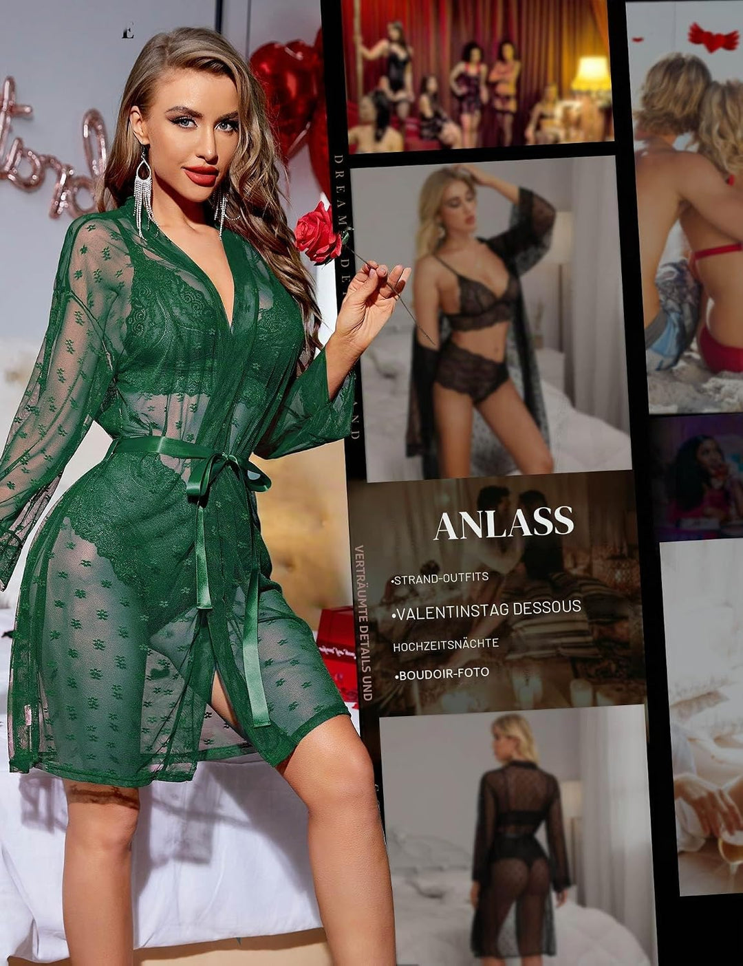 RSLOVE Sexy Dessous Set für Damen 3 teilig Spitzen Kimono mit BH und Höschen M Grün, M Grün