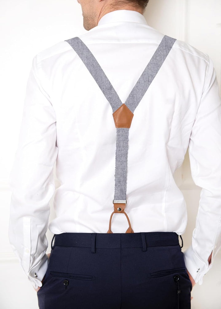 LINILI Leinen Accessoires SET: Fliege, Hosenträger, Einstecktuch- Fliege bereits gebunden, verstellb