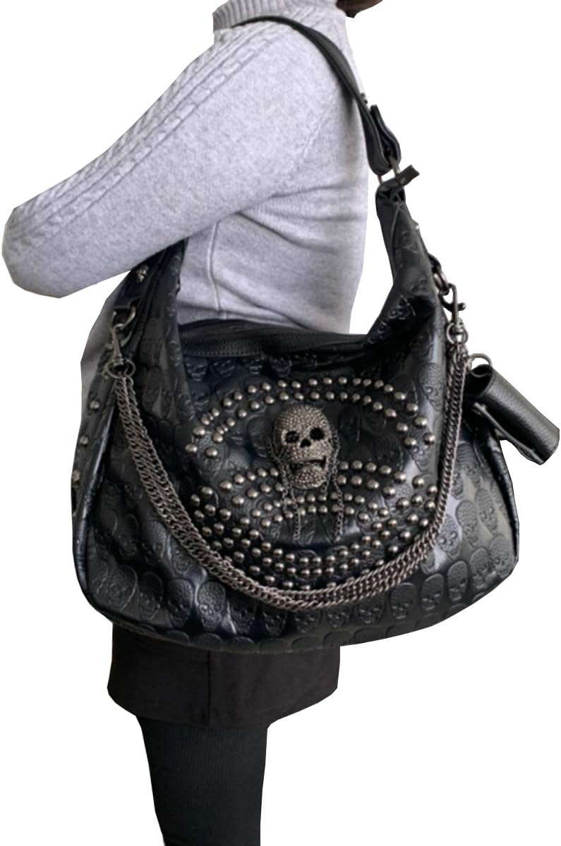 FiveloveTwo Damenhandtaschen Schädelkette Umhängetaschen Grosse Kapazität Gotische Henkeltaschen Nie