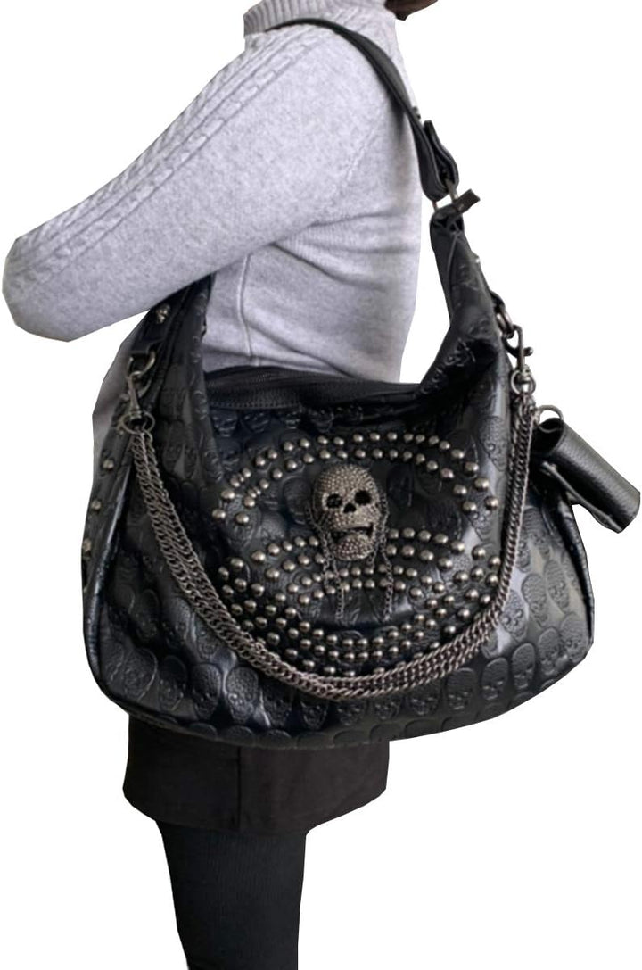 FiveloveTwo Damenhandtaschen Schädelkette Umhängetaschen Grosse Kapazität Gotische Henkeltaschen Nie