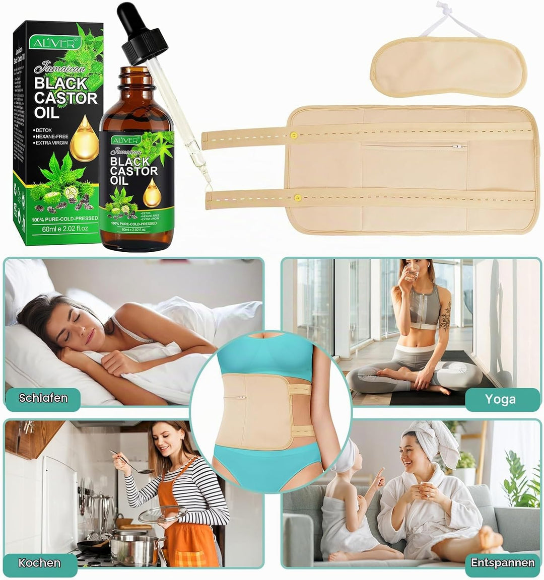 Castor Oil Pack, Wiederverwendbare Bio Rizinusöl Wrap, Kit mit verstellbaren elastischen Riemen Komf