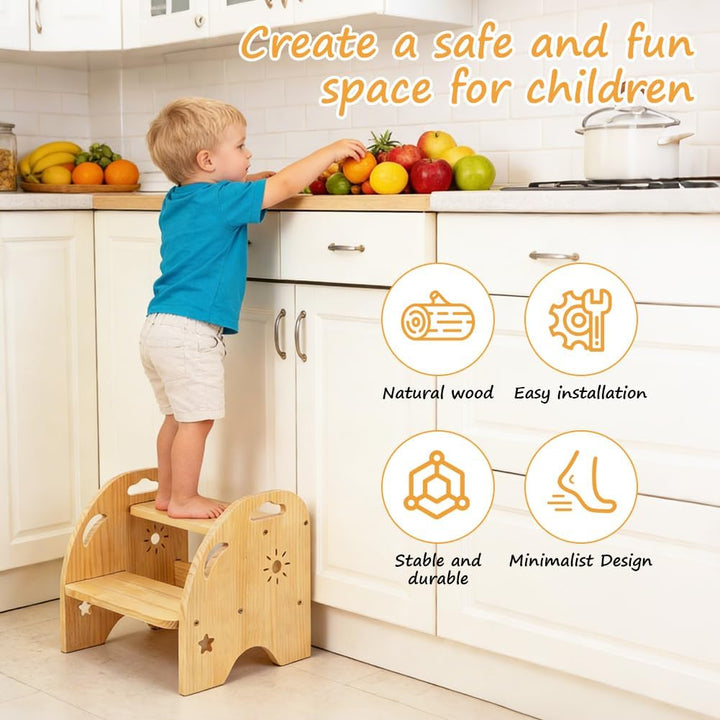 CEWROM Tritthocker Kinder Holz 2 Stufen, Rutschfester Kinderhocker mit Griff, Stabiler tritthocker,