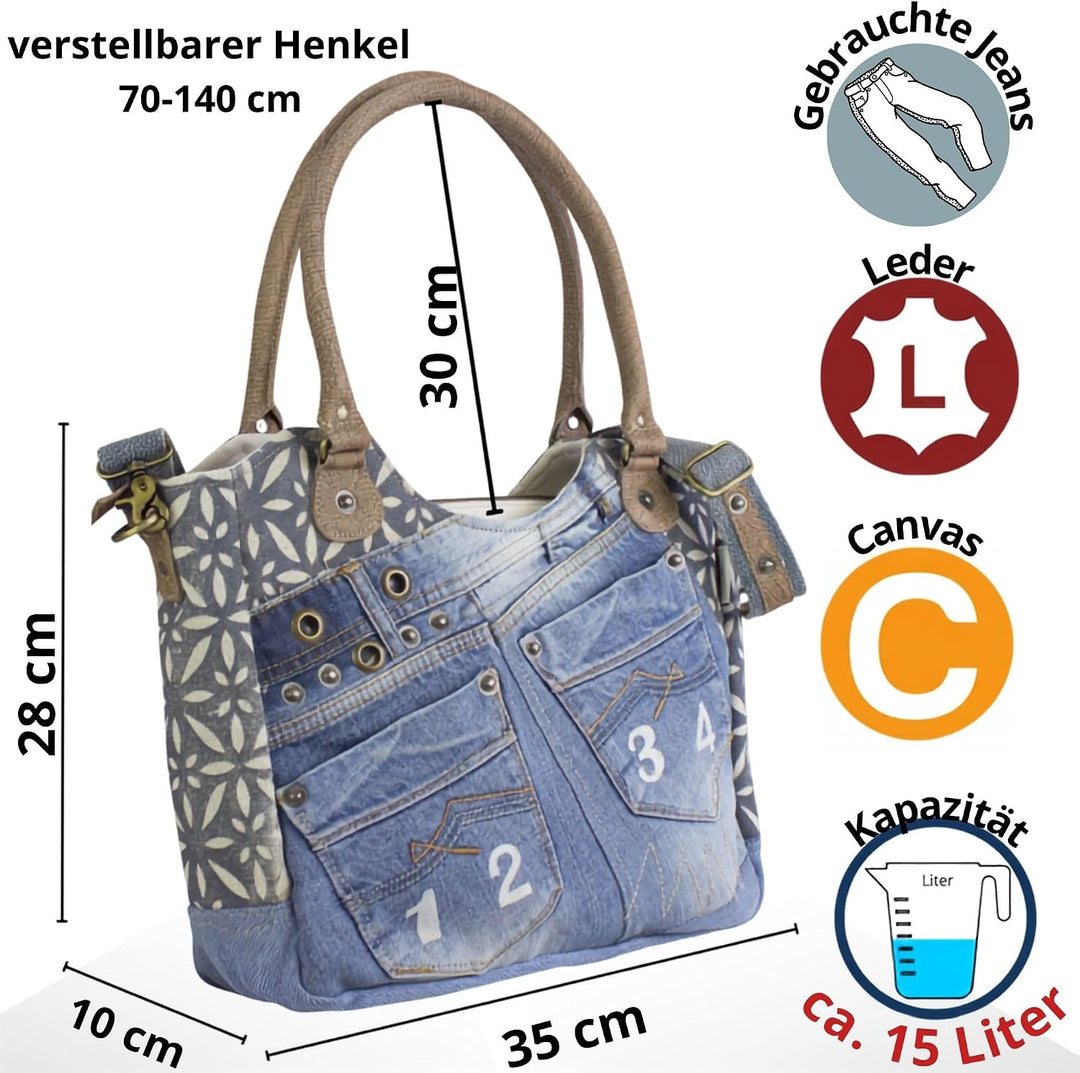 Sunsa Damen Nachhaltige Handtasche aus recycelte Jeans Canvas &amp; Leder. Vintage Still grosse Schulter