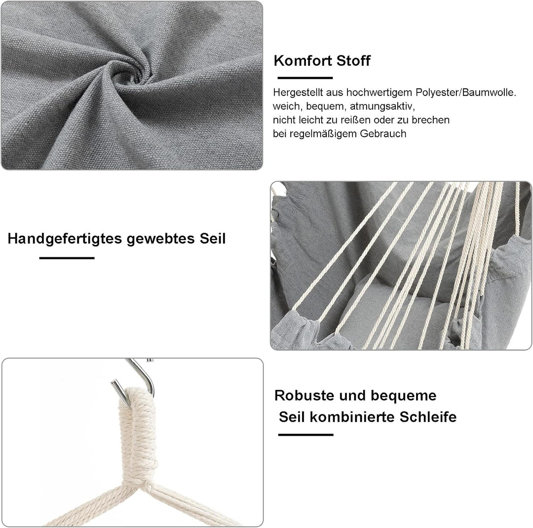 Hängemattenstuhl Grosse Hängemattenschaukel, 110 x 150cm Last 150kg, Baumwoll-Hängesessel Hartholz-S