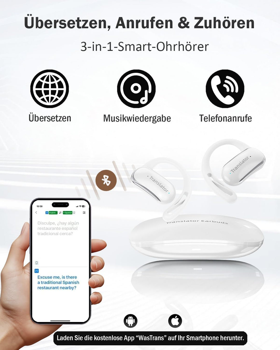 KI Übersetzer Kopfhörer Ohne Internet, 3-in-1 Echtzeit Sprachübersetzer Kopfhörer mit 144 Online &amp; 1