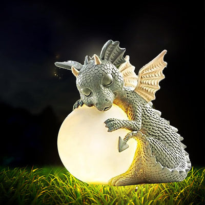 Dekofigur Drache mit Rundes Licht, Drachen Figuren Gartendeko für Draussen, Deko Drache Gartendrache