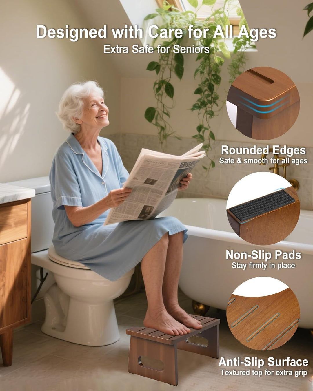 Toilettenhocker Holz, Klappbarer WC Hocker für Erwachsene, Toilettenhocker Erwachsene,Tritthocker Kl