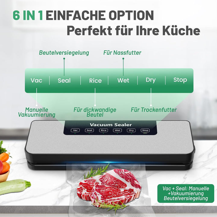 Raycial Vakuumiergerät für Lebensmittel, 6-in-1 Vakuumierer | Mit 10 Vakuumierbeuteln, 6 Modi, Trock