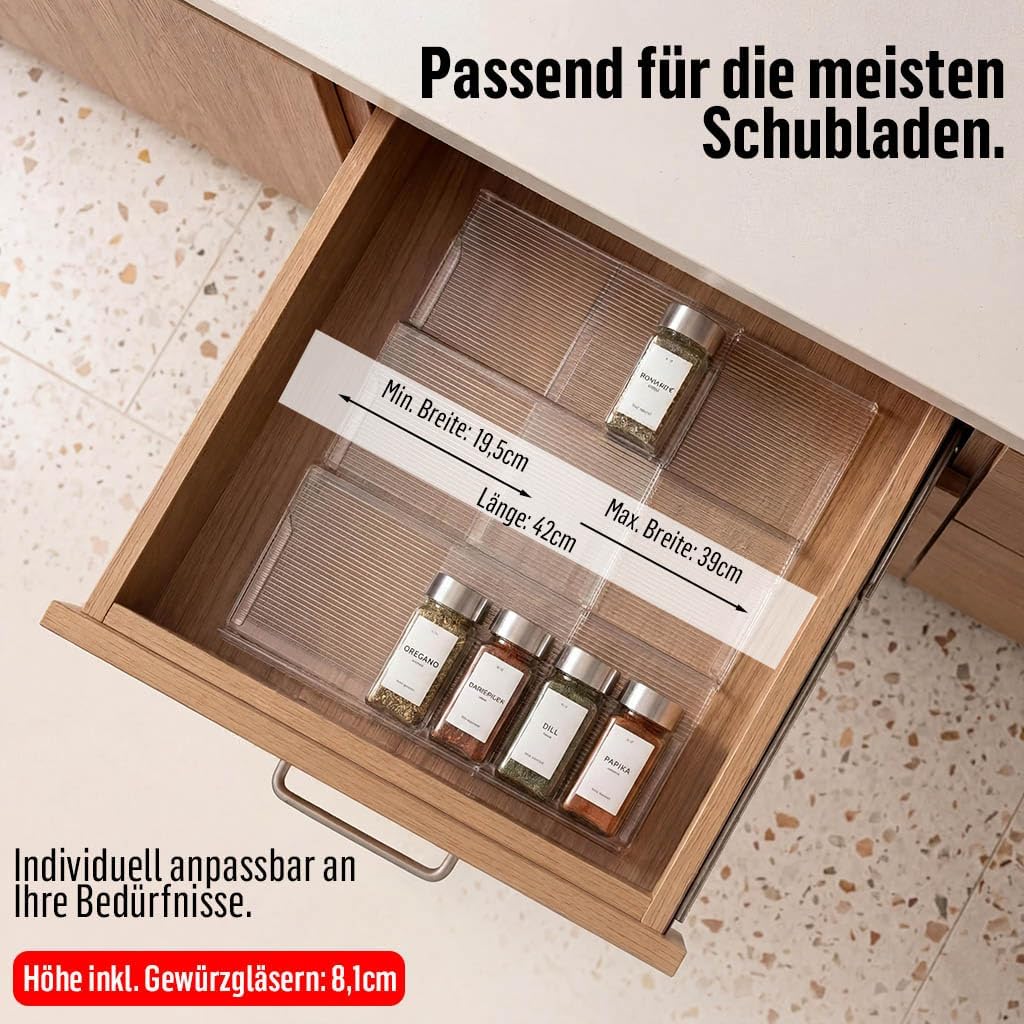 Deco haus® Gewürzregal mit Gläsern [MIT 24 GEWÜRZGLÄSER & ETIKETTEN] - Gewürzregal Schublade auszieh
