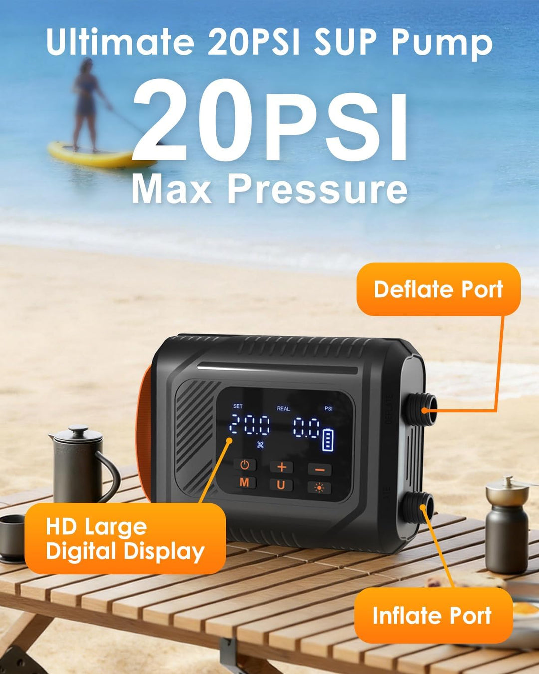Mojimdo 2026 Premium Elektrische SUP Pumpe - 20 PSI mit Grossem Digitaldisplay & LED-Licht, 5 Modi +