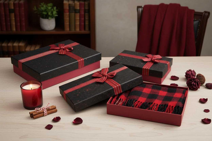 Emartbuy Set mit 3 starren Geschenkboxen, strukturierte burgunderrote Box mit schwarzem Deckel, gest