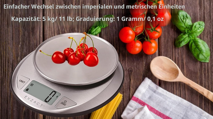 Exzact Elektronische Küchenwaage mit Grosser Anzeige - Flüssigkeitsvolumen Messfunktion/Auto-Zero/Ta