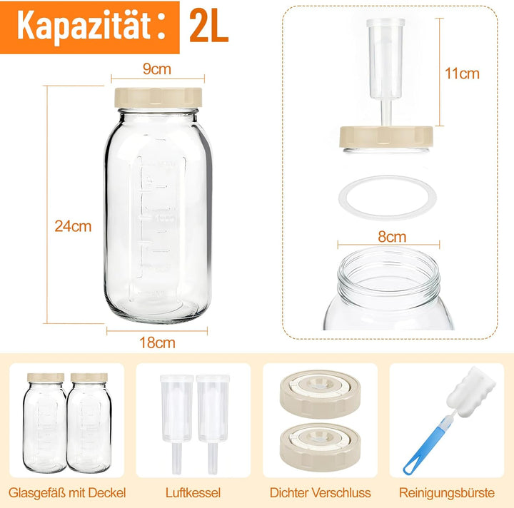 Fermentierglas 2 Stück 2L, Fermentiergläser mit Gärventil und Datumsanzeige, Breiter Mund Fermentier