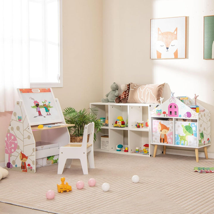 DREAMADE Kinderregal mit 4 Fächer und 2 Aufbewahrungsboxen, Spielzeugregal Spielzeugkiste Spielzeug-