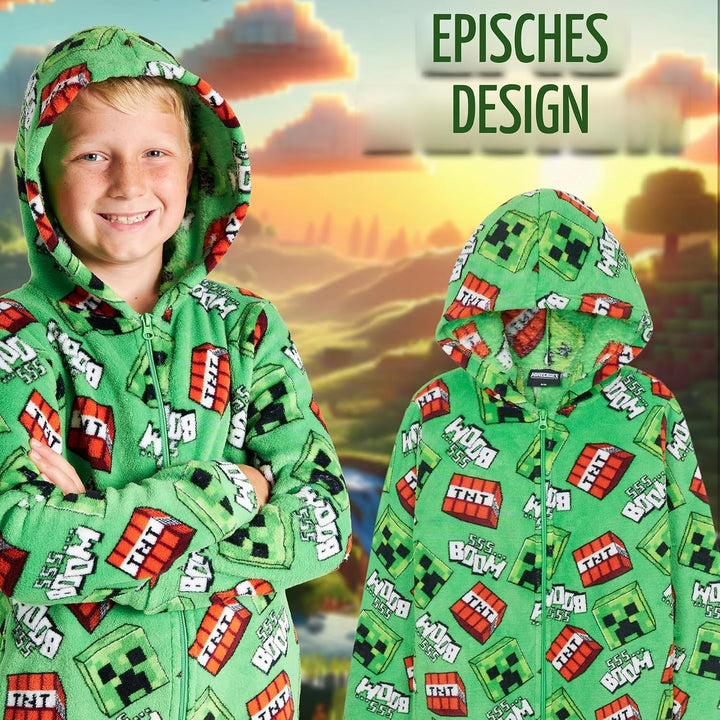 Minecraft Onesie Creeper Fleece Jumpsuit Sleepsuit Gamer Geschenk Schlafoverall mit Kapuze für Junge