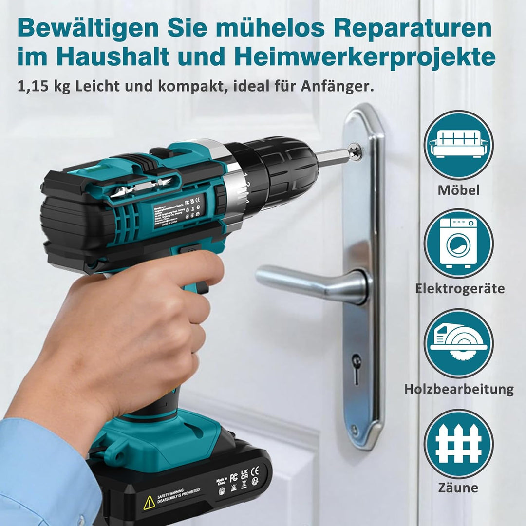 Sundpey Akkuschrauber Set mit 2 Akkus 2,0Ah, 21V Akkubohrer und Schrauber, 1500U/min 45Nm Max Akku B
