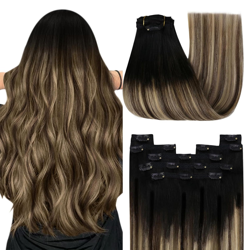 YoungSee Clip in Extensions Balayage Schwarz Echthaar Extensions Clip Schwarz Ombre Braun Blond Clip