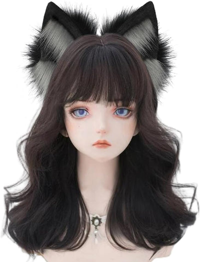 VIGVAN Handgemachte Wolf Fuchs Ohren Cosplay Kopf Zubehör Kawaii Haarband (Wolf Schwarz Grau), Wolf