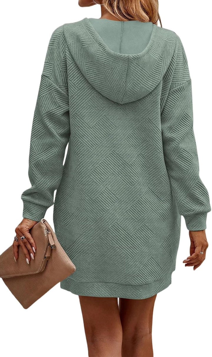 TrendiMax Damen Hoodie Kleid Herbst Übergangs Kapuzenpullover Sweatkleid Textur Knopf Langarm Sweats