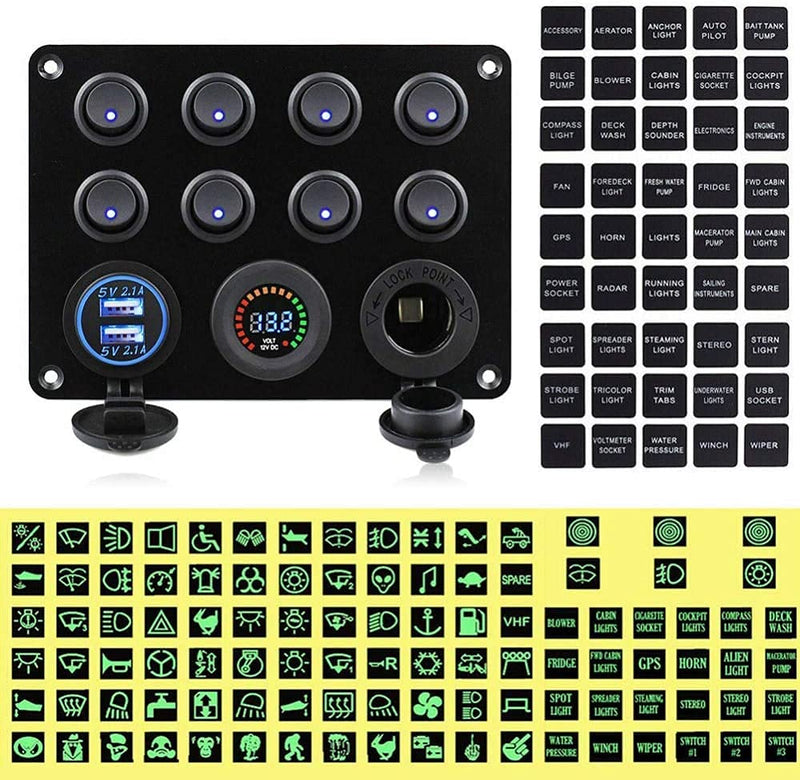 Riloer Panel mit 8 Wippschaltern 12-24V mit Dual-USB-Anschluss, 12V Digitalvoltmeter, Steckdose - fü