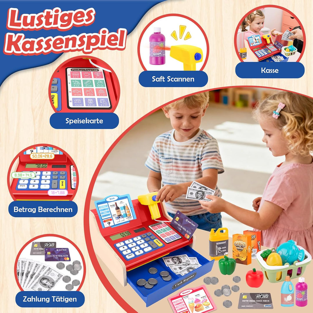 JONRRYIN Holz Kasse Kinder Spielzeug, Spielkasse Kinderkasse mit Scanner &amp; Sound, Spielgeld Einkaufs